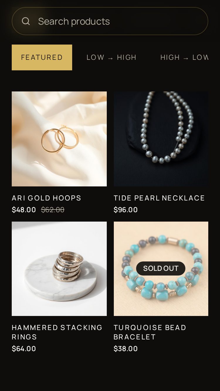 A Shopstall catalogue page showing handmade jewelry with prices